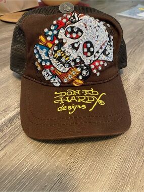 Ed Hardy Brown Trucker Hat with Crystal Skull and Multicolor Embroidery